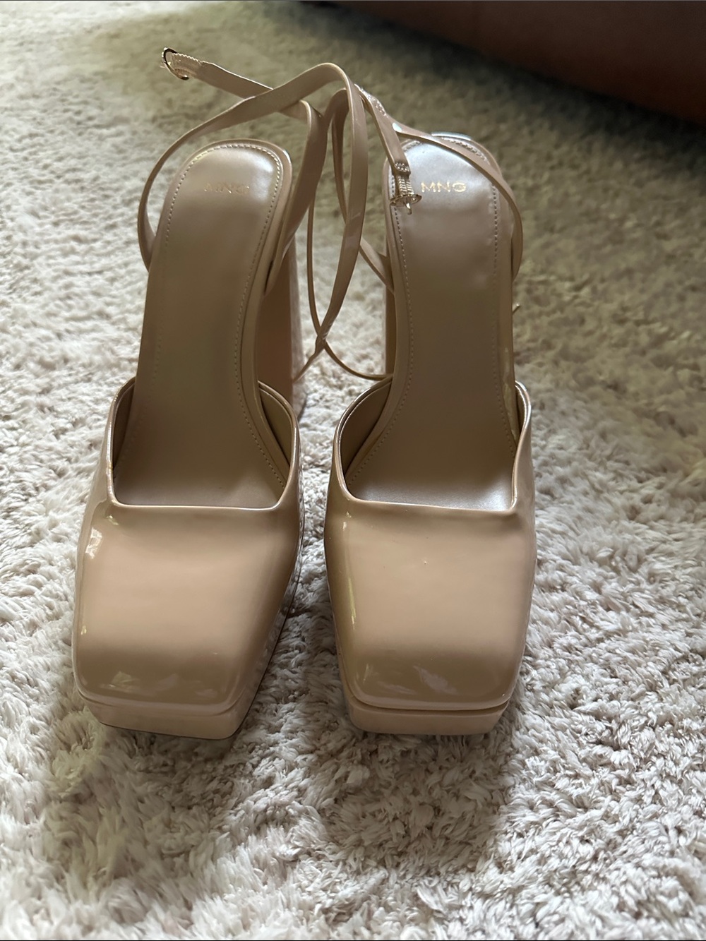 Patent Square-Toe Ankle-Strap Platform Heels in Beige